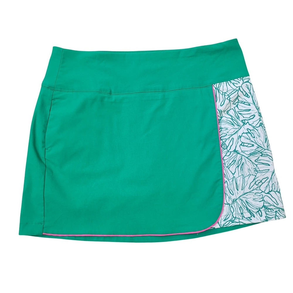 Lady Hagen Green Tropical Monstera Print Golf Skort‎ XXL Pink Trim Wrap Front